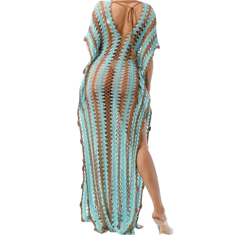 Crochet Tunic,coverup,Turquoise,brown dress,Bohemian,Swim,M/L,New - Picture 8 of 12